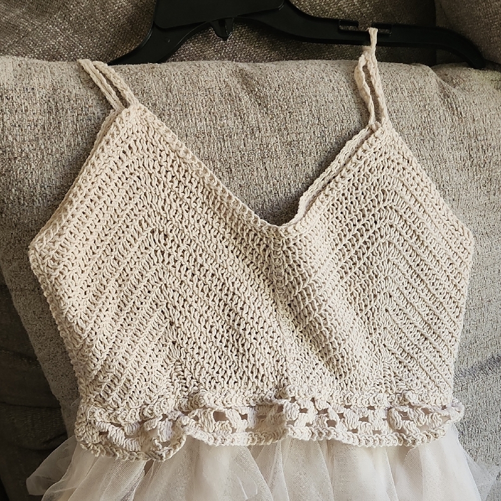 Lollita Cream Tulle Maxi Dress Crochet Bodice Boho Cottagecore Bridal Ethereal - Picture 14 of 15